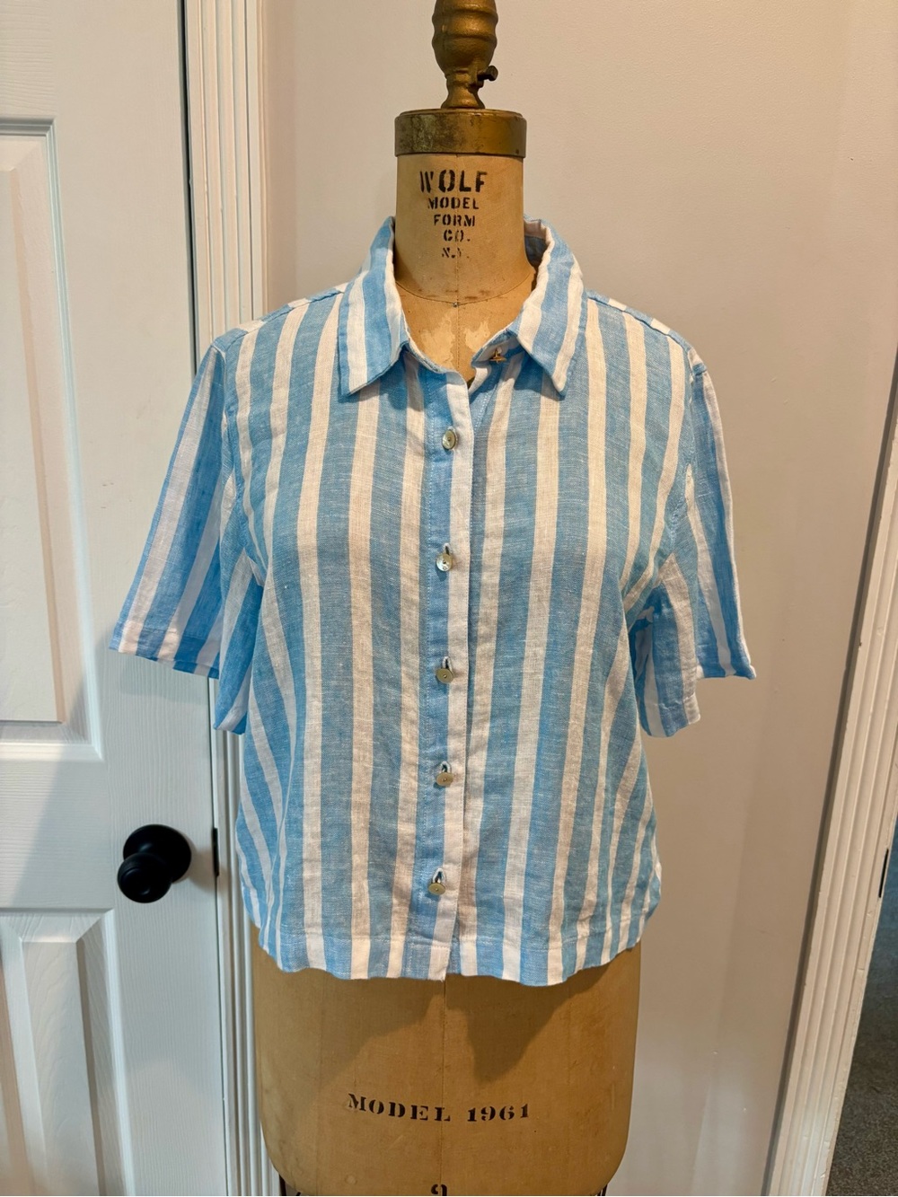 Cynthia Rowley Striped Blue & White Button-Down Linen Shirt